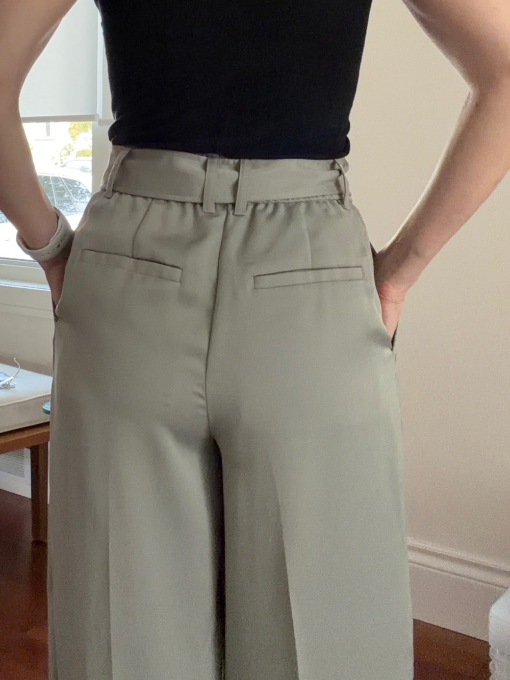 Club Monaco Sage Green Satin Wide Leg Belted Pants with Stretch Waist | Size 00 - Picture 13 of 14